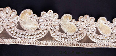 Gold Sheer Fabric Trim Beige Floral Embroidery And Off White Pearl, Scallops Wedding Trim, Bridal Trim